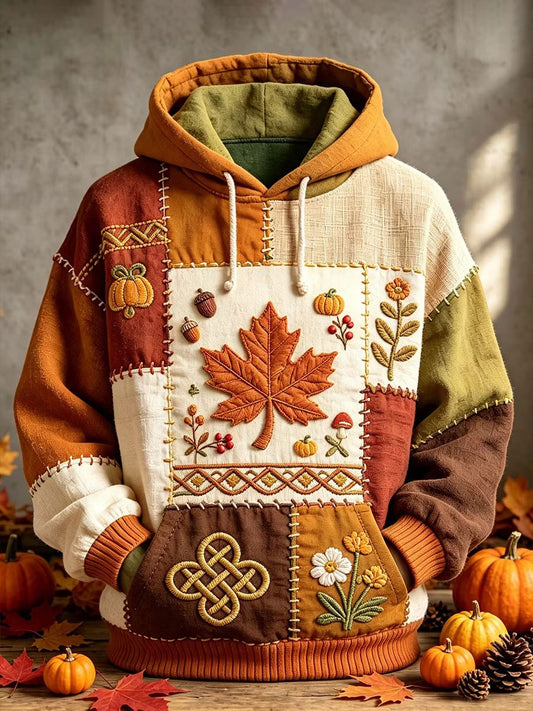 Men's Autumn Pattern Print Oversized Drop-Shoulder Hoodie With Pockets