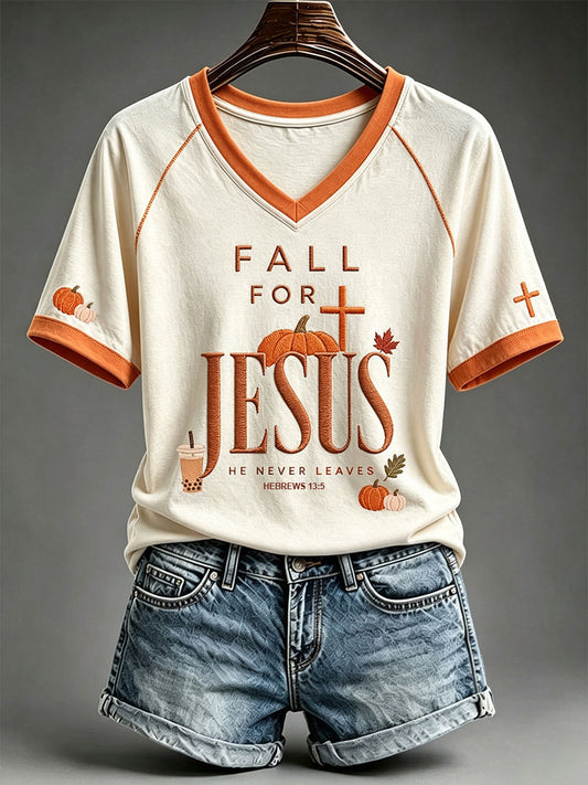 Women's  Fall For Jesus He Never Leaves T-shirt