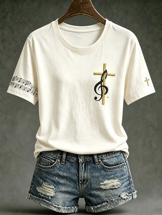 Women's Faith Theme Music Elements Pattern Design Casual  Short Sleeve T-shirt
