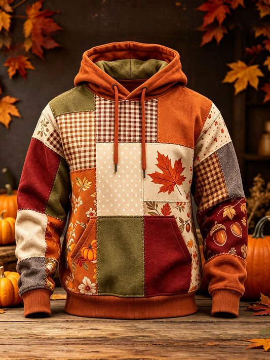 Men's Autumn Pattern Print Oversized Drop-Shoulder Hoodie With Pockets