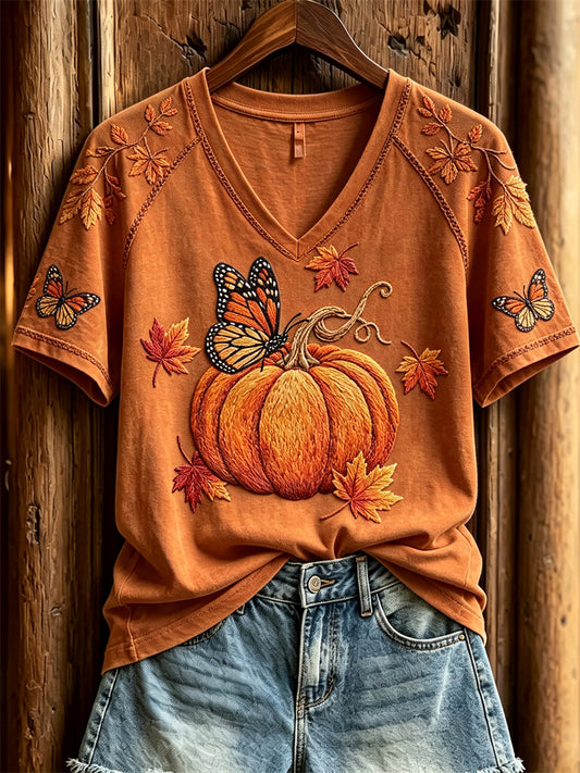 Women's Fall Monarch Butterflies & Pumpkin Print short-sleeved T-shirt