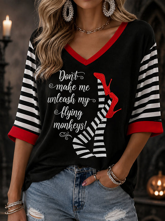 Women's Halloween Don't Make Me Unleash My Flying Monkeys Stripes Print V-Neck Half-Sleeve T-Shirt