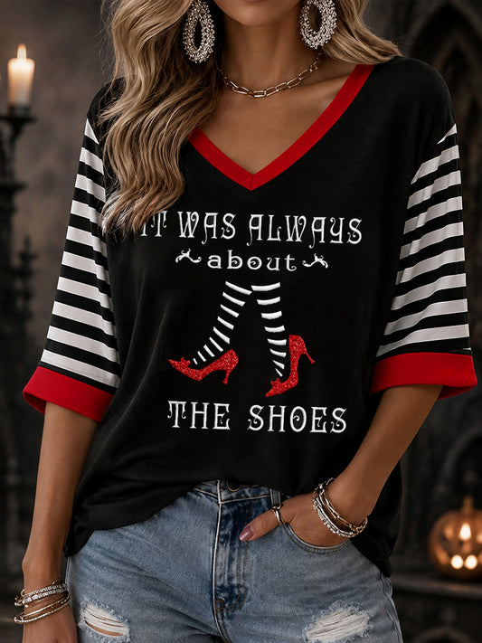 Women's Halloween It Was Always About The Shoes Stripes Print V-Neck Half-Sleeve T-Shirt