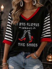 Women's Halloween It Was Always About The Shoes Stripes Print V-Neck Half-Sleeve T-Shirt