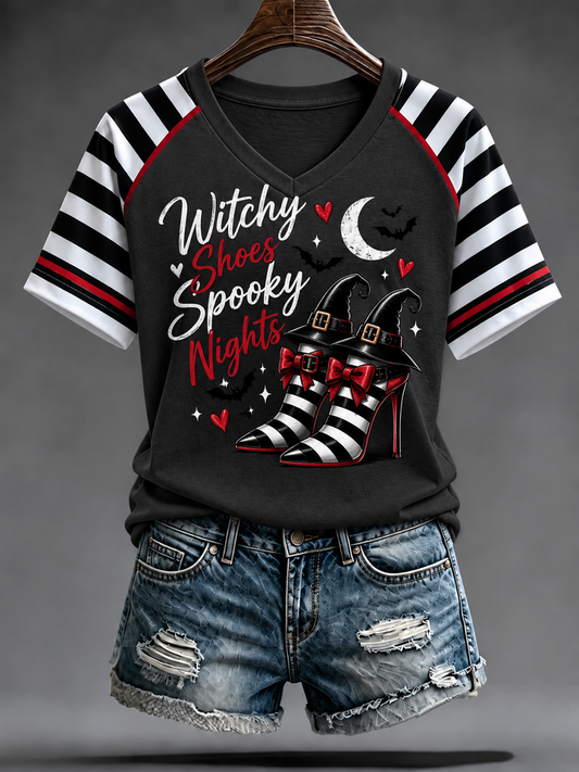 Women's Retro Witch Magic High Heels Graphic Printed V-neck off-shoulder short-sleeved T-shirt