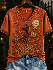 Women's Lab Mom Fall Halloween Witch & Dog Print short-sleeved T-shirt