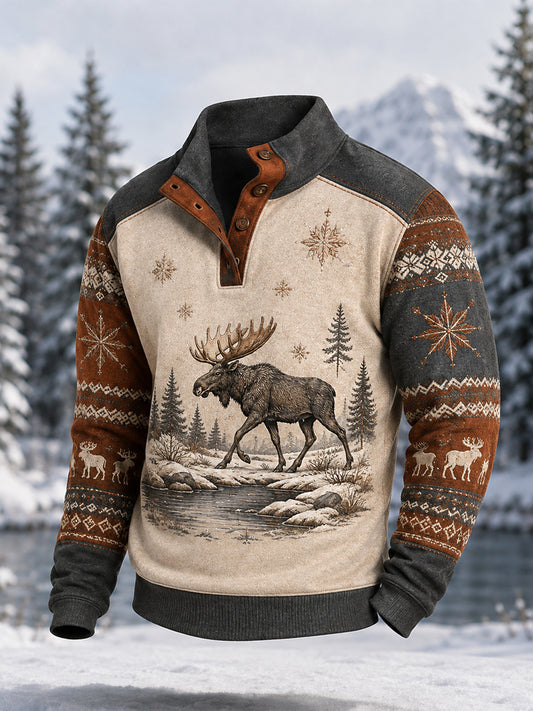 Men's Winter Moose Print Casual Buttons Pullover