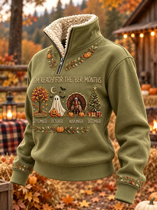 Women's Vintage I'm Ready For The 'ber Months Print Fur Collar Top