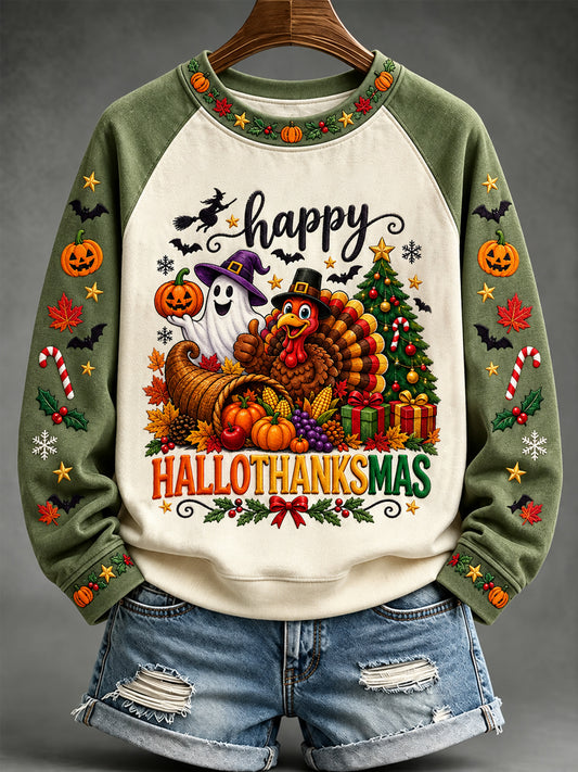 Women's Happy Hallothanksmas Print Halloween Thanksgiving Christmas Casual Sweatshirt
