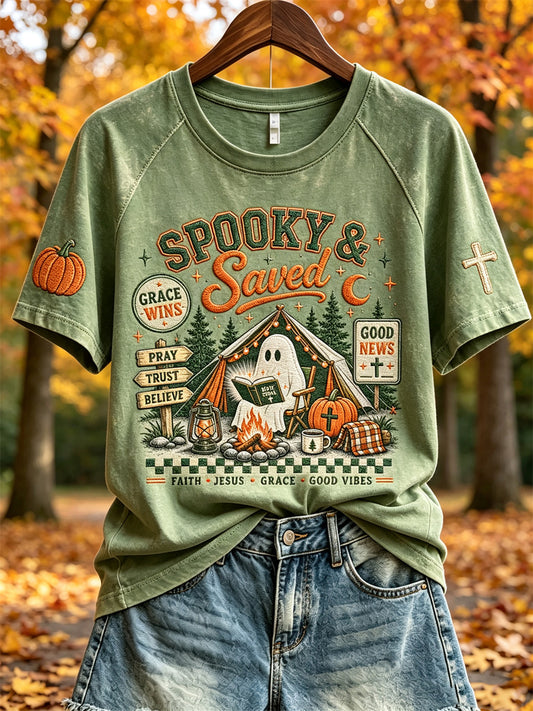 Women's Spooky & Saved Fall Camping Christian Ghost Print short-sleeved T-shirt