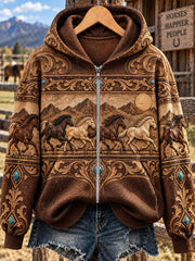 Women's Western Horse Print Zip-Up Hoodie