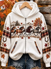 Women's Autumn Horse Print Zip-Up Hoodie
