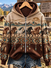Women's Western Horse Print Zip-Up Hoodie