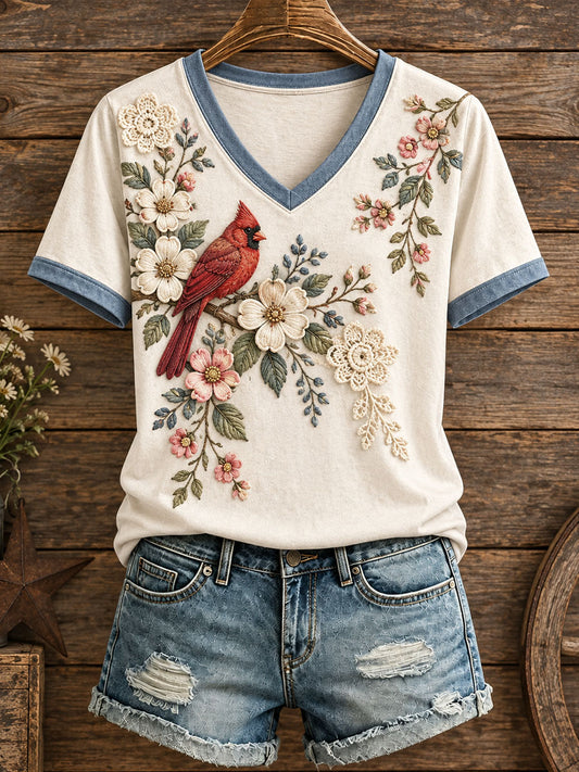 Women's Floral and Bird Pattern T-Shirt