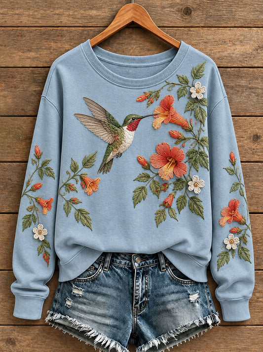 Women's Floral and Bird Pattern Sweatshirt