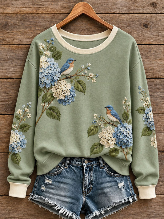 Women's Floral and Bird Pattern Sweatshirt
