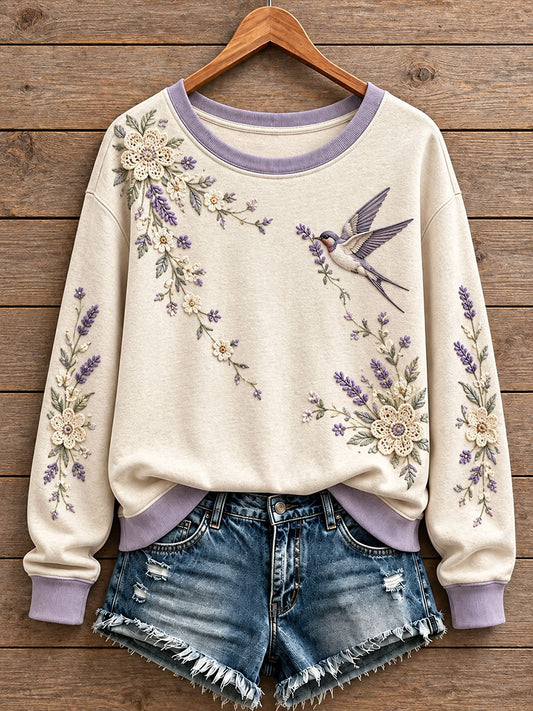 Women's Floral and Bird Pattern Sweatshirt