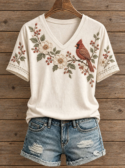 Women's Floral and Bird Pattern T-Shirt