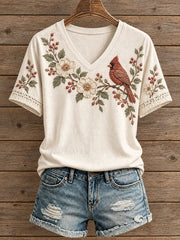 Women's Floral and Bird Pattern T-Shirt