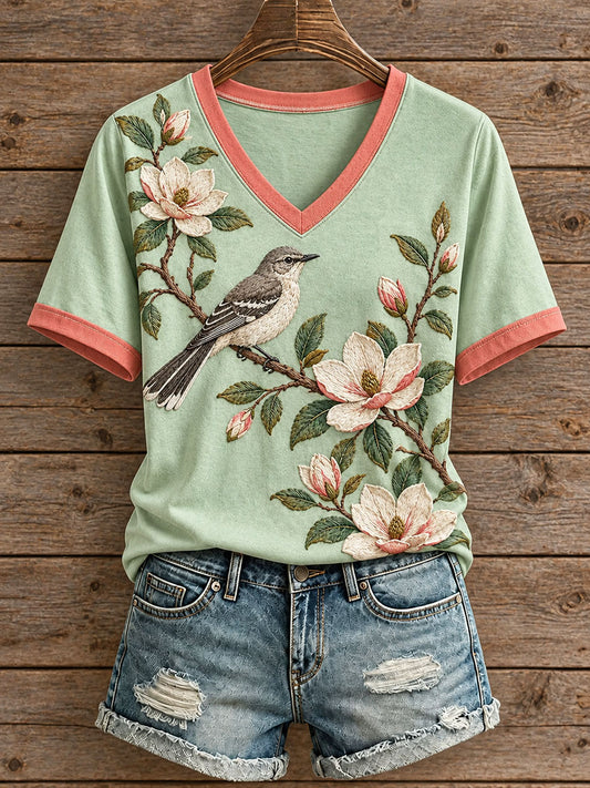 Women's Floral and Bird Pattern T-Shirt