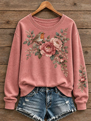 Women's Floral and Bird Pattern Sweatshirt