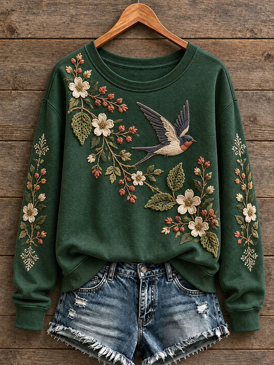 Women's Floral and Bird Pattern Sweatshirt