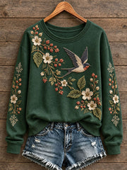 Women's Floral and Bird Pattern Sweatshirt