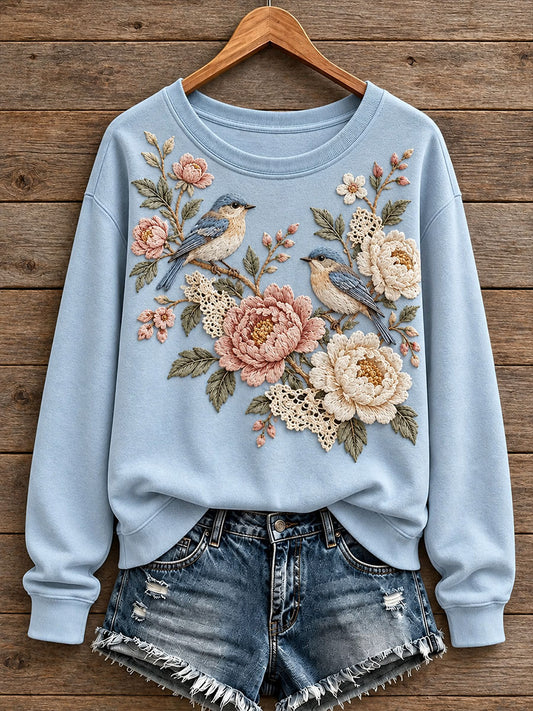 Women's Floral and Bird Pattern Sweatshirt