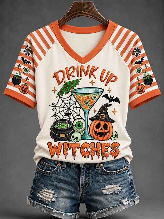 Women's Funny Halloween Drink Up Witches Wine Glass Stripes Print Casual V-Neck Tee