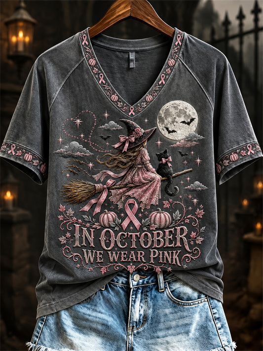 Women's In October We Wear Pink Halloween Pink Witch Print short-sleeved T-shirt