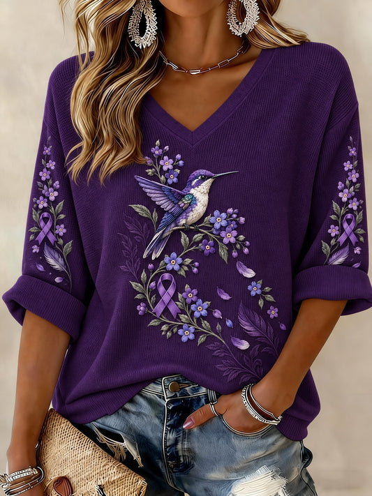 Women's Alzheimer's Disease Flowers Printed Mid-length Sleeves V-neck T-shirt