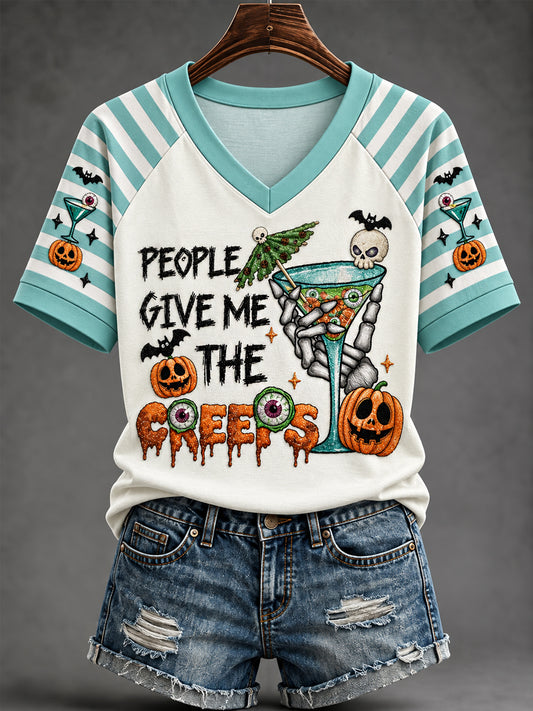 Women's Funny Halloween People Give Me The Creeps Wine Glass Stripes Print Casual V-Neck Tee