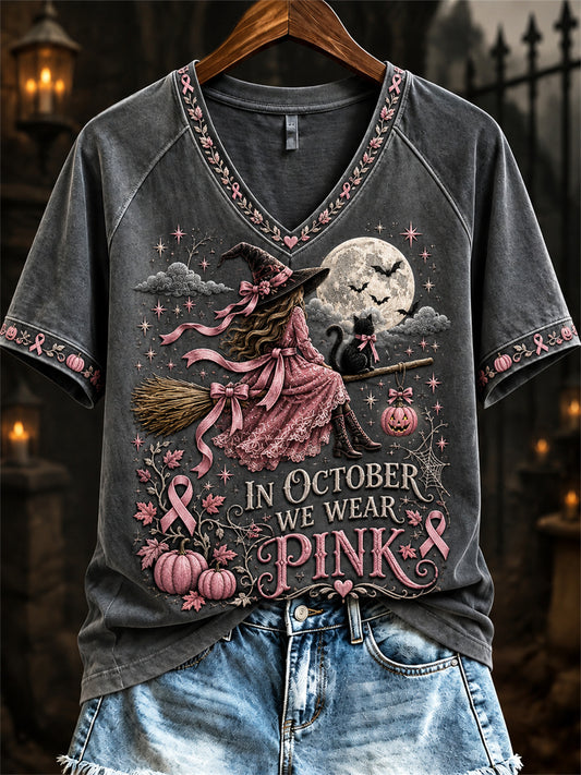 Women's In October We Wear Pink Halloween Pink Witch Print short-sleeved T-shirt