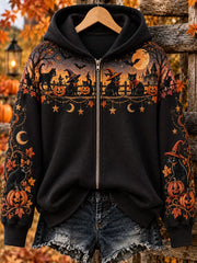 Women's Halloween Witch Cat  Zip-Up Hoodie