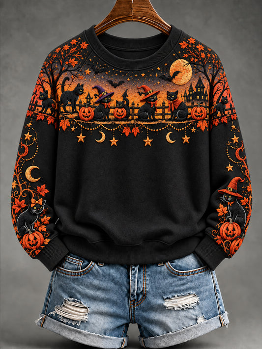 Women's Halloween Witch Cat  Long Sleeve Sweatshirt