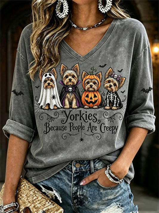 Women's Yorkies Because People Are Creepy Halloween Dogs Print Mid-length Sleeves V-Neck T-Shirt