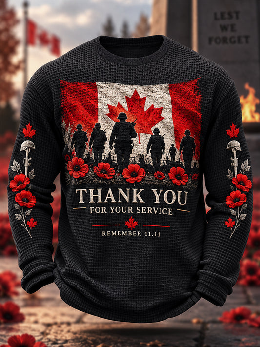 Men's Lest We Forget Canada Remembrance Day Print Waffle Long Sleeve T-Shirt