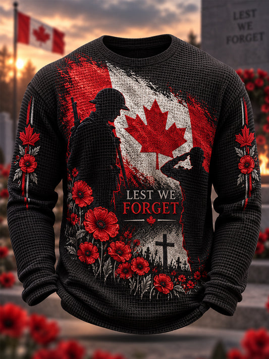 Men's Lest We Forget Canada Remembrance Day Print Waffle Long Sleeve T-Shirt