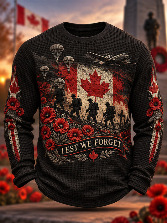 Men's Lest We Forget Canada Remembrance Day Print Waffle Long Sleeve T-Shirt