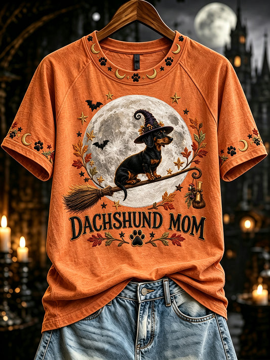 Women's Fall Halloween Dachshund Mom Moon Print Short Sleeve T-shirt