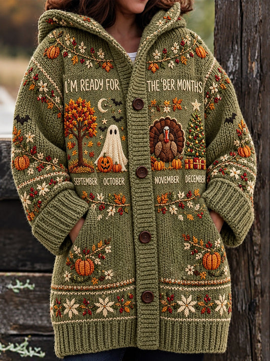 Women's Vintage I'm Ready For The 'ber Months Print Composite Fleece Long Coat