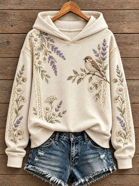 Women's Floral and Bird Print Hoodie