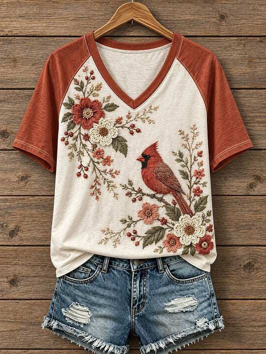 Women's Floral and Bird Pattern T-Shirt