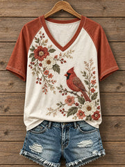 Women's Floral and Bird Pattern T-Shirt