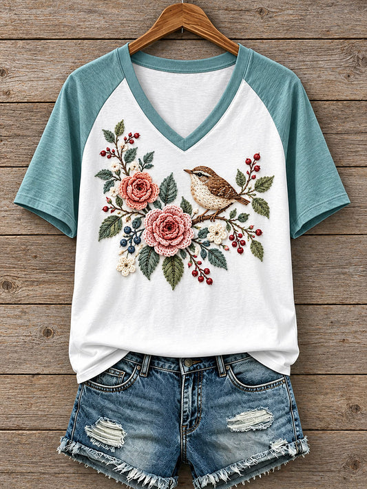 Women's Floral and Bird Pattern T-Shirt