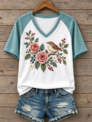 Women's Floral and Bird Pattern T-Shirt