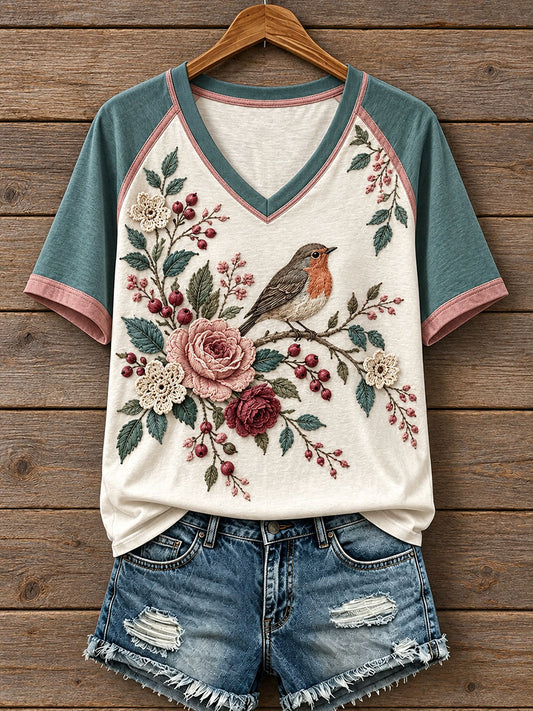 Women's Floral and Bird Pattern T-Shirt