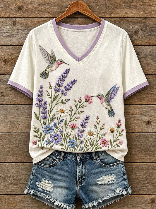 Women's Floral and Bird Pattern T-Shirt
