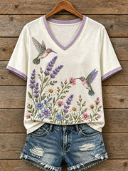 Women's Floral and Bird Pattern T-Shirt