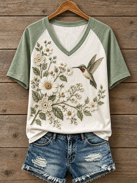 Women's Floral and Bird Pattern T-Shirt